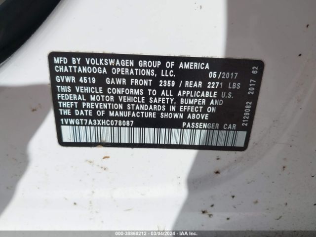 Photo 8 VIN: 1VWGT7A3XHC078087 - VOLKSWAGEN PASSAT 