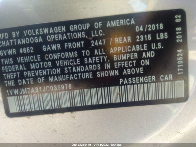 Photo 8 VIN: 1VWJM7A31JC035976 - VOLKSWAGEN PASSAT 