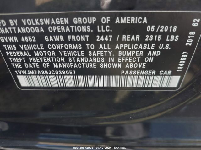 Photo 8 VIN: 1VWJM7A39JC038057 - VOLKSWAGEN PASSAT 