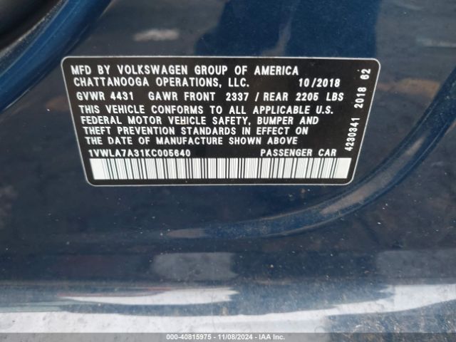 Photo 8 VIN: 1VWLA7A31KC005640 - VOLKSWAGEN PASSAT 