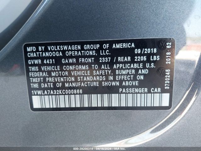 Photo 8 VIN: 1VWLA7A32KC000866 - VOLKSWAGEN PASSAT 