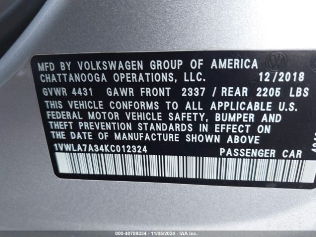 Photo 8 VIN: 1VWLA7A34KC012324 - VOLKSWAGEN PASSAT 