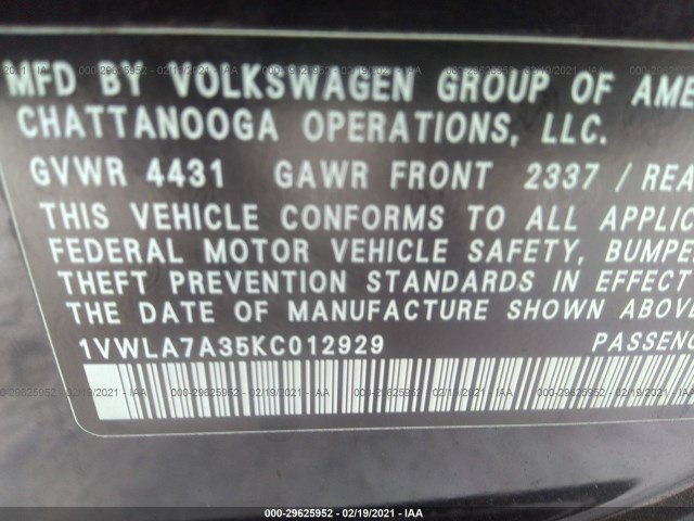 Photo 8 VIN: 1VWLA7A35KC012929 - VOLKSWAGEN PASSAT 