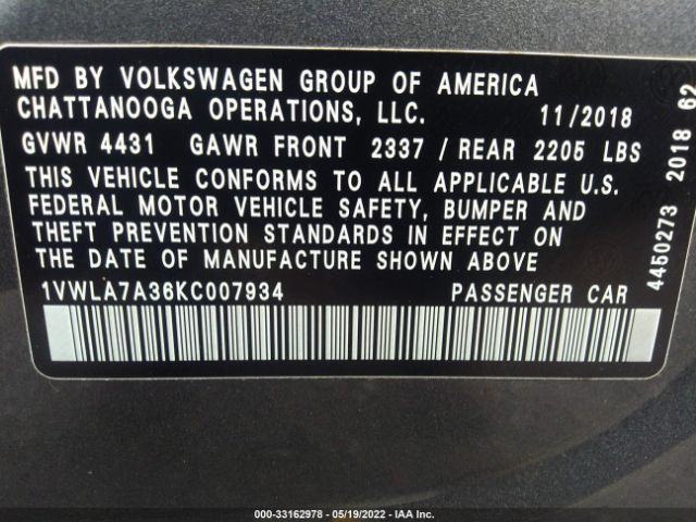 Photo 8 VIN: 1VWLA7A36KC007934 - VOLKSWAGEN PASSAT 