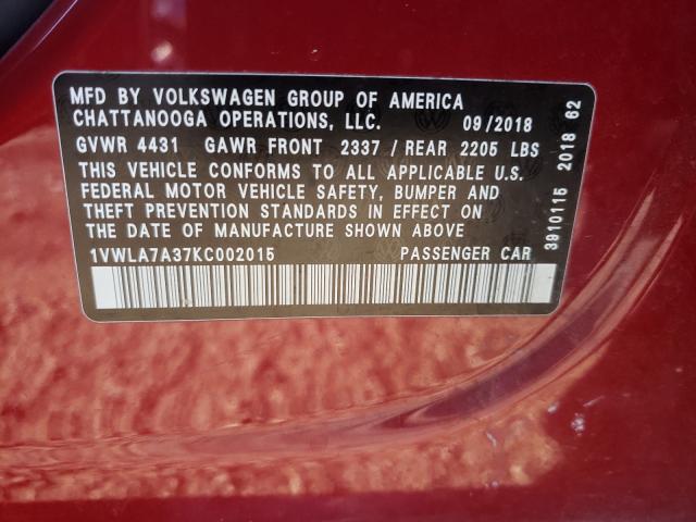 Photo 9 VIN: 1VWLA7A37KC002015 - VOLKSWAGEN PASSAT WOL 