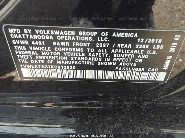 Photo 8 VIN: 1VWLA7A37KC012530 - VOLKSWAGEN PASSAT 