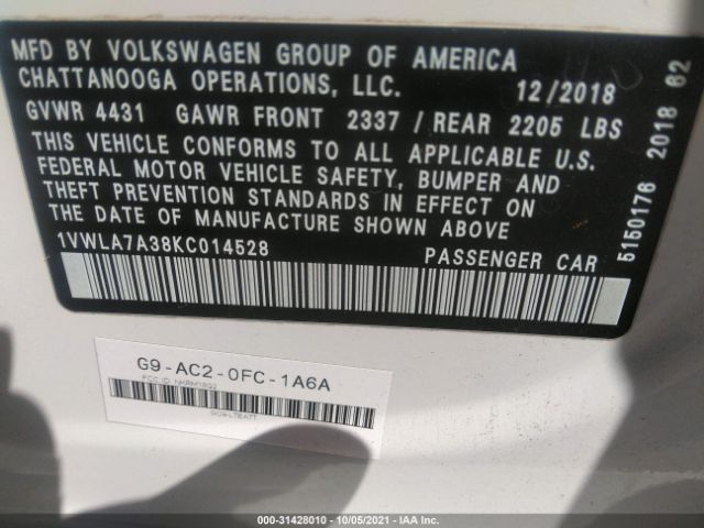 Photo 8 VIN: 1VWLA7A38KC014528 - VOLKSWAGEN PASSAT 