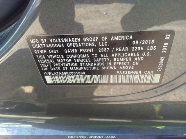 Photo 8 VIN: 1VWLA7A39KC001609 - VOLKSWAGEN PASSAT 