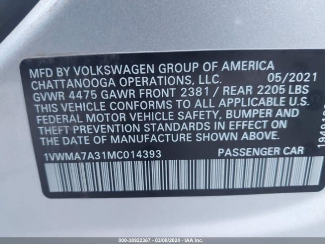 Photo 8 VIN: 1VWMA7A31MC014393 - VOLKSWAGEN PASSAT 