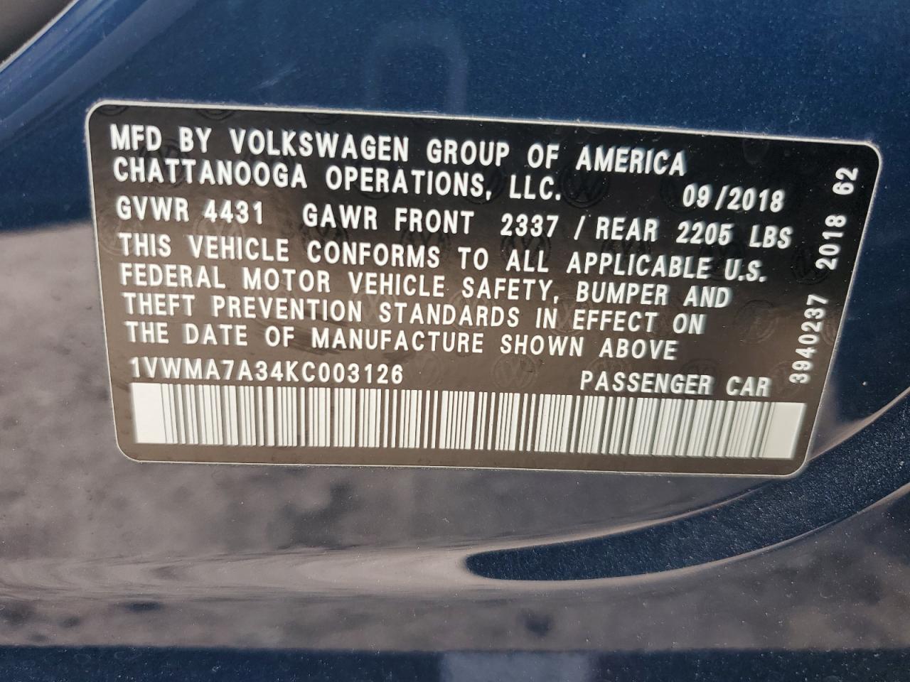 Photo 12 VIN: 1VWMA7A34KC003126 - VOLKSWAGEN PASSAT 