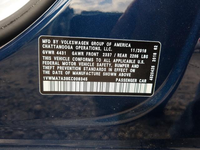 Photo 9 VIN: 1VWMA7A38KC008345 - VOLKSWAGEN PASSAT 