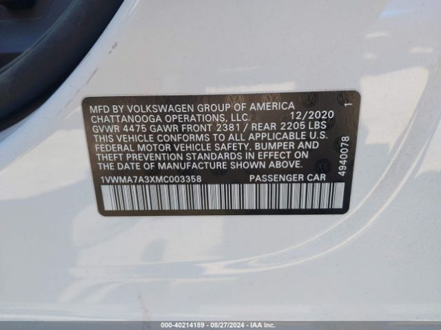 Photo 8 VIN: 1VWMA7A3XMC003358 - VOLKSWAGEN PASSAT 