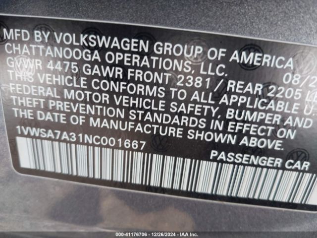 Photo 8 VIN: 1VWSA7A31NC001667 - VOLKSWAGEN PASSAT 