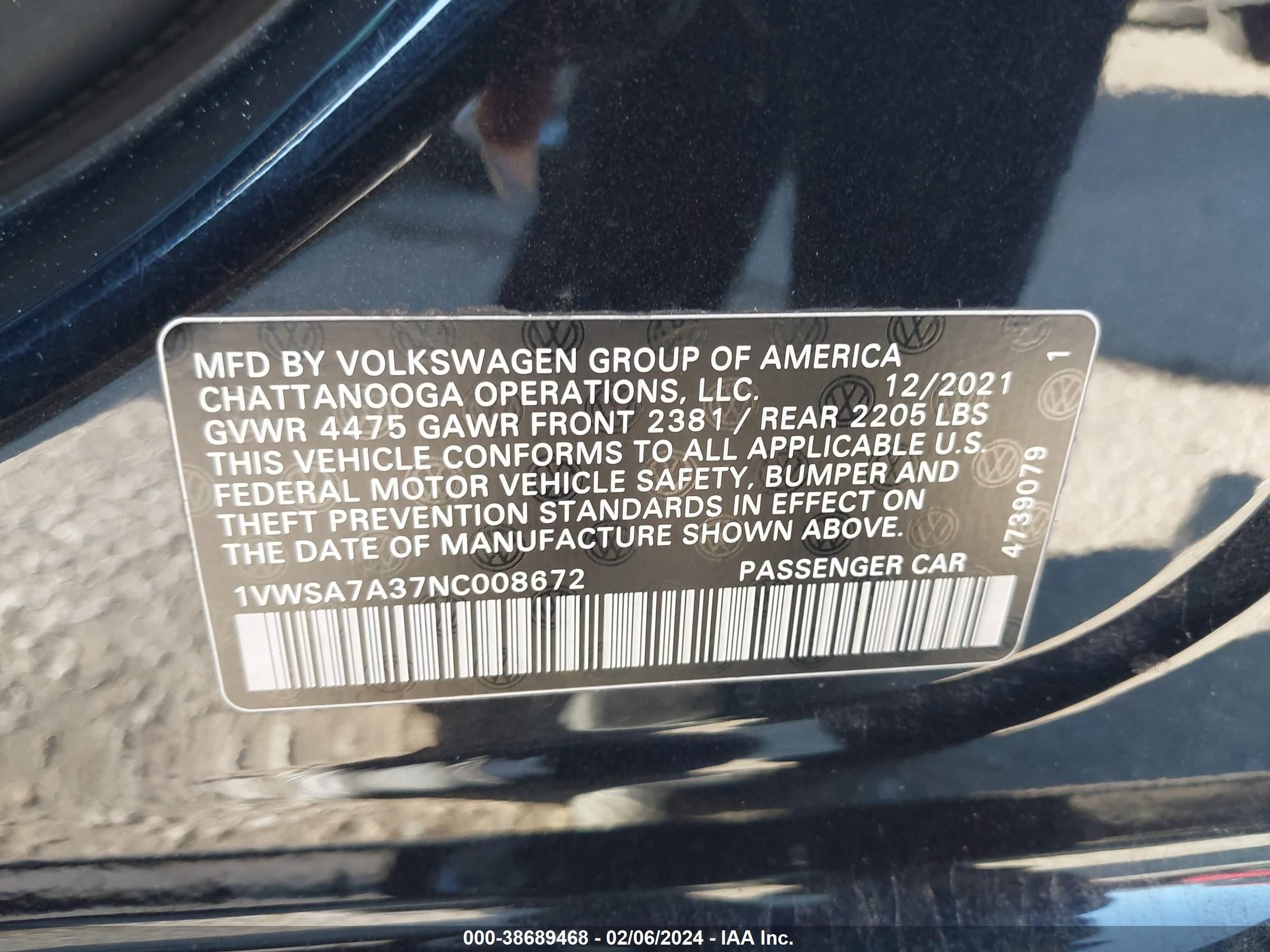 Photo 8 VIN: 1VWSA7A37NC008672 - VOLKSWAGEN PASSAT 