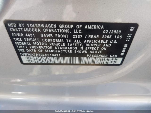 Photo 8 VIN: 1VWWA7A39LC013421 - VOLKSWAGEN PASSAT 