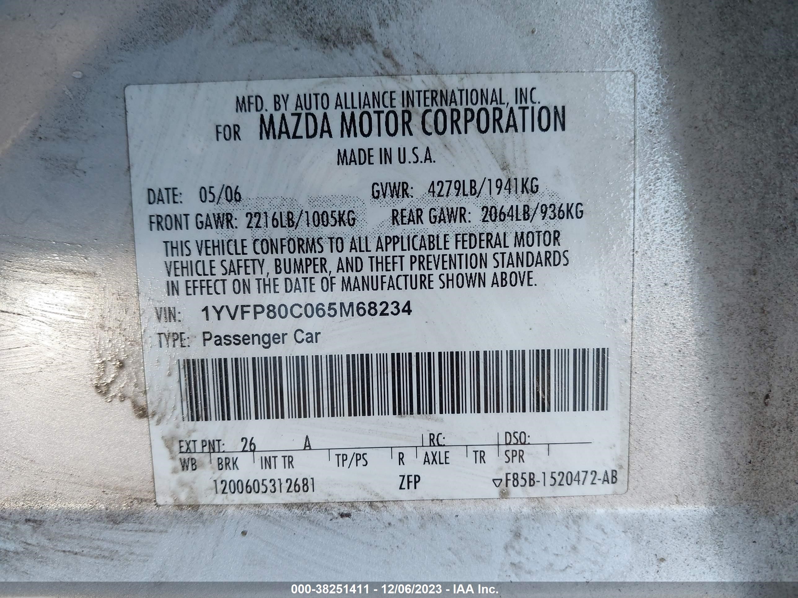 Photo 8 VIN: 1YVFP80C065M68234 - MAZDA 6 