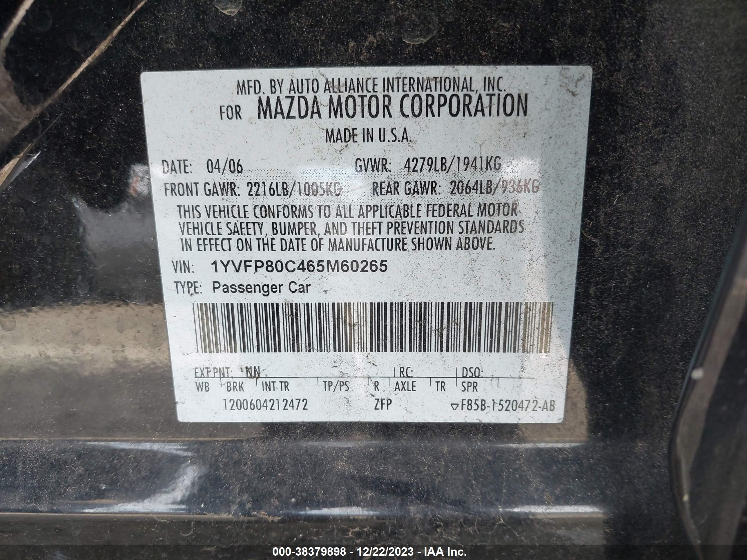 Photo 8 VIN: 1YVFP80C465M60265 - MAZDA 6 