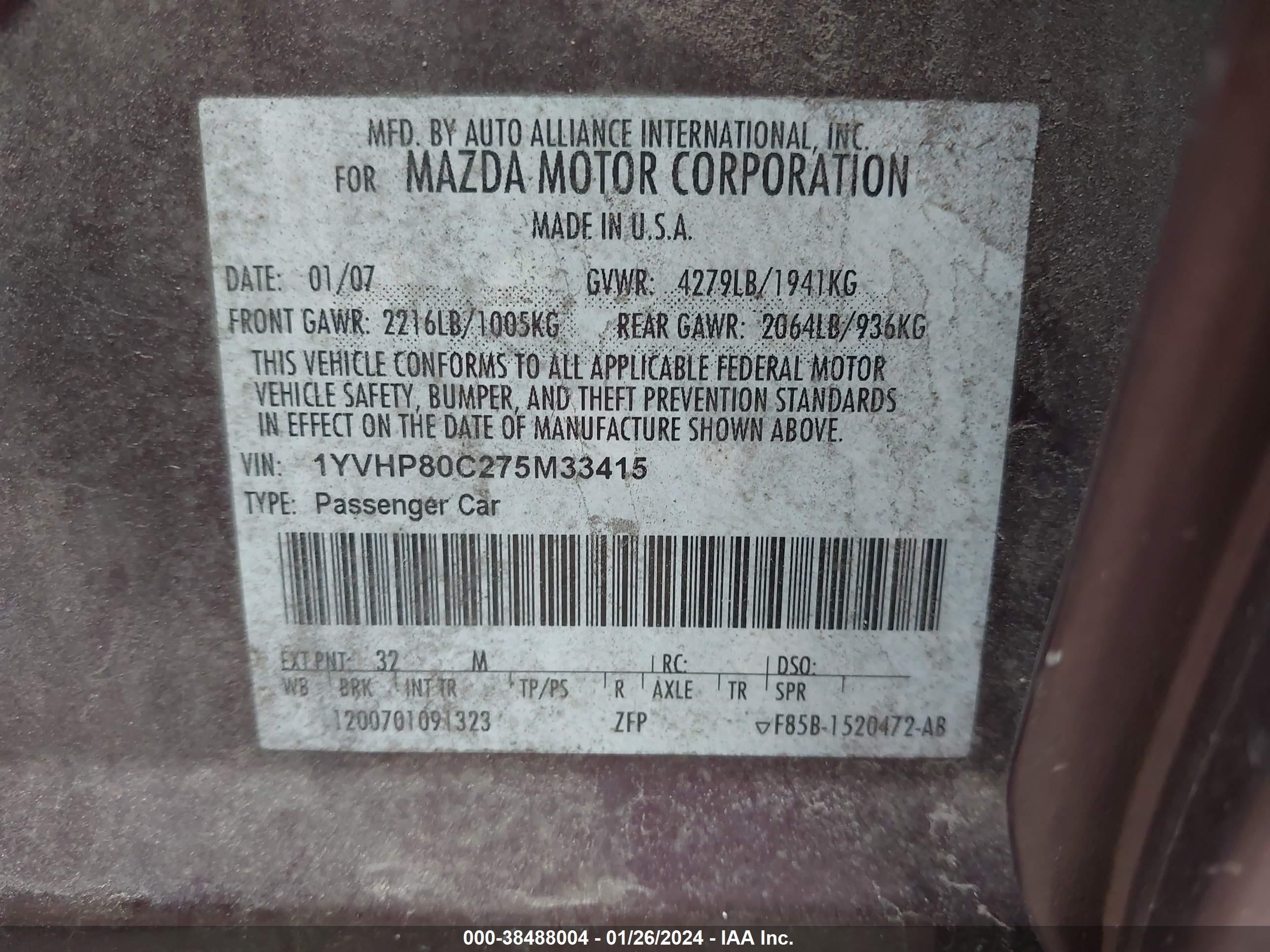 Photo 8 VIN: 1YVHP80C275M33415 - MAZDA 6 