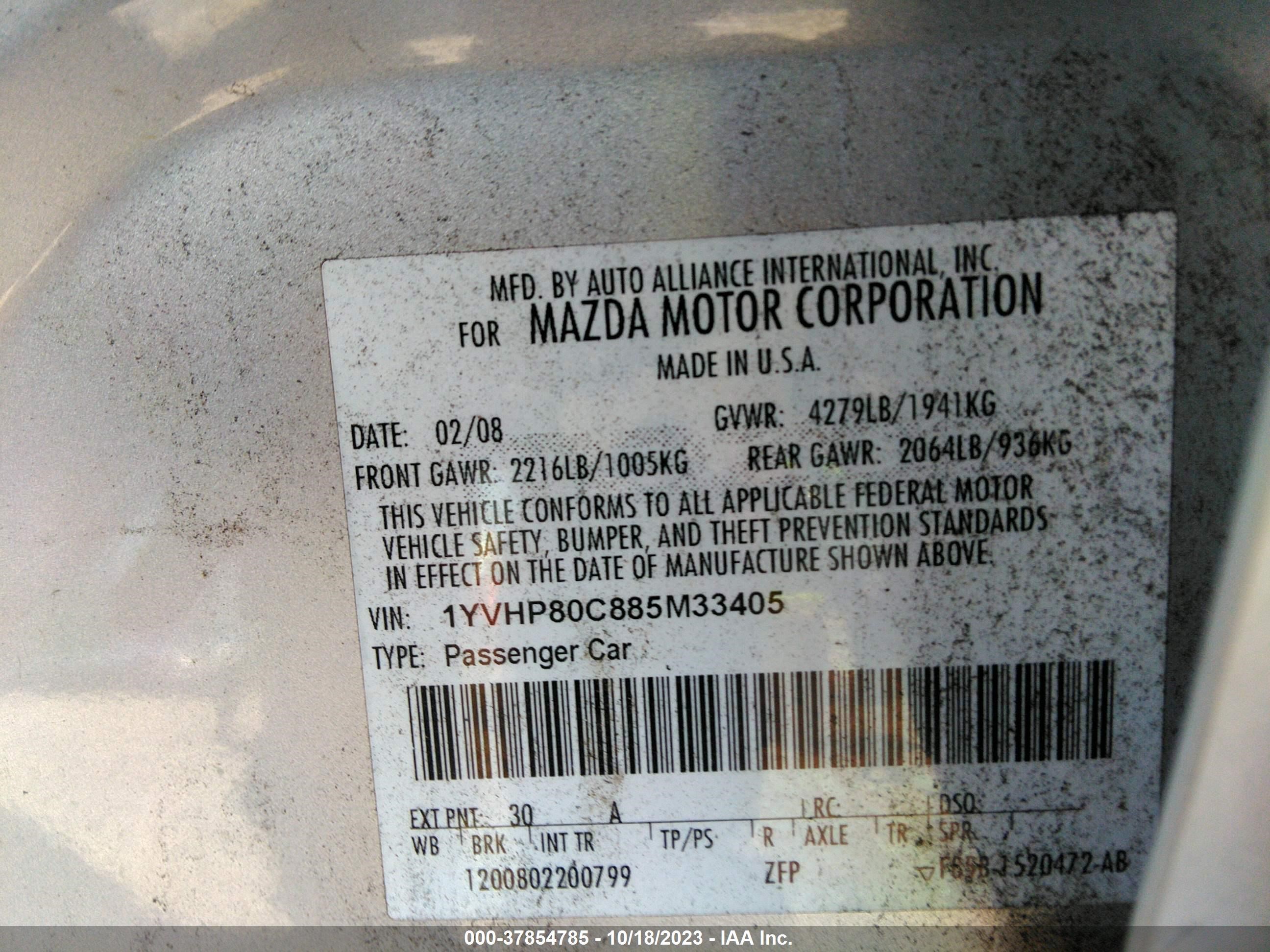 Photo 8 VIN: 1YVHP80C885M33405 - MAZDA 6 