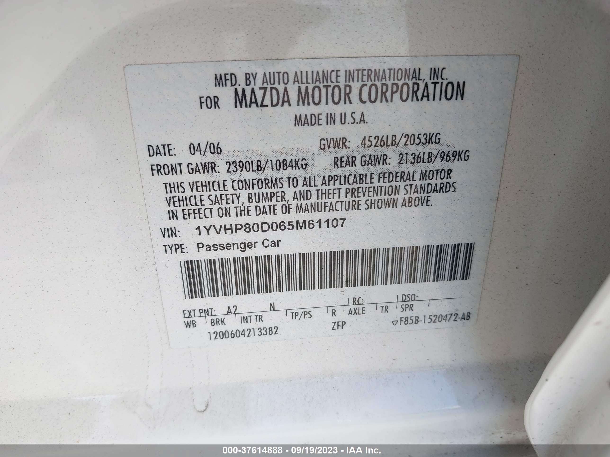 Photo 8 VIN: 1YVHP80D065M61107 - MAZDA 6 