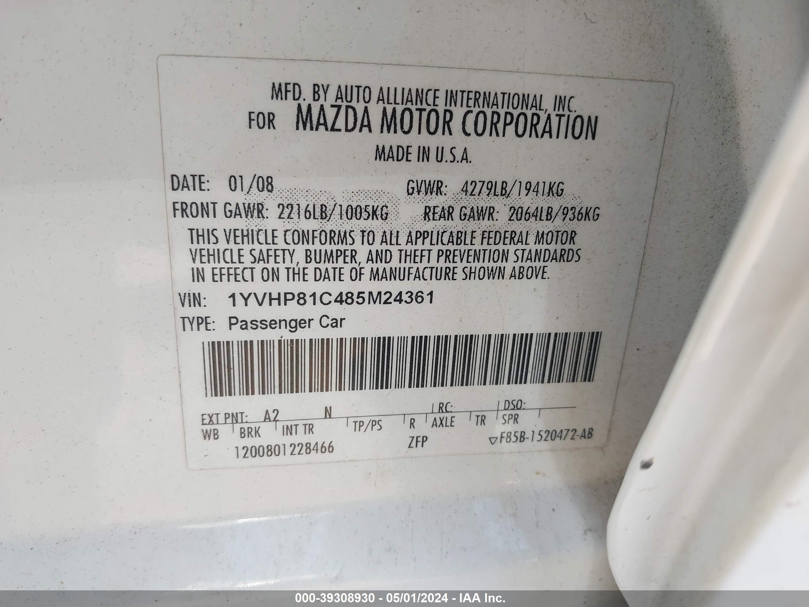 Photo 9 VIN: 1YVHP81C485M24361 - MAZDA 6 