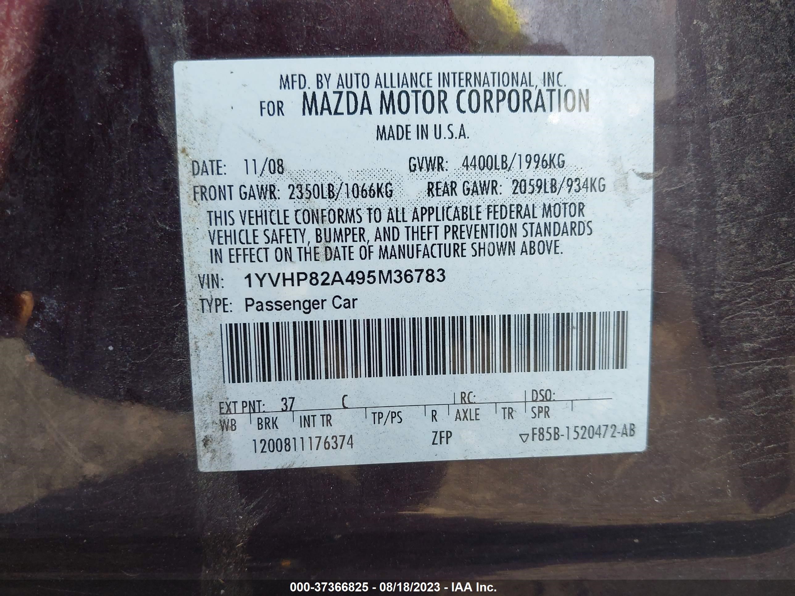 Photo 8 VIN: 1YVHP82A495M36783 - MAZDA 6 