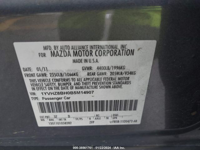 Photo 8 VIN: 1YVHZ8BH0B5M14907 - MAZDA MAZDA6 