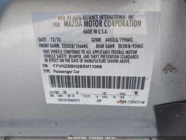 Photo 8 VIN: 1YVHZ8BH2B5M11068 - MAZDA MAZDA6 