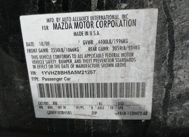 Photo 8 VIN: 1YVHZ8BH5A5M21267 - MAZDA MAZDA6 