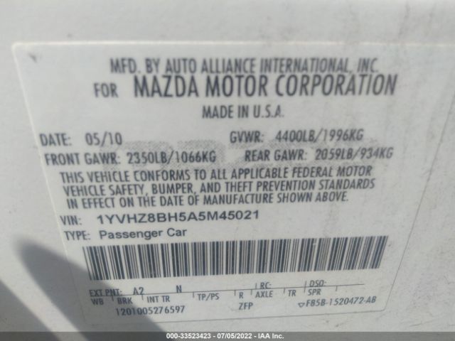 Photo 8 VIN: 1YVHZ8BH5A5M45021 - MAZDA 6 