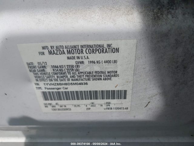 Photo 8 VIN: 1YVHZ8BH8D5M04936 - MAZDA MAZDA6 