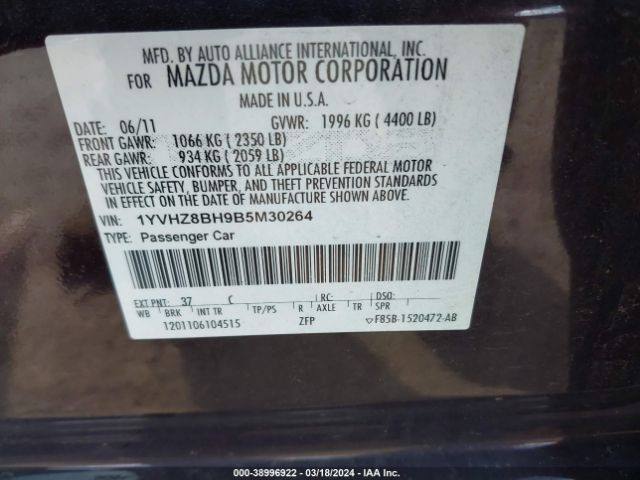 Photo 8 VIN: 1YVHZ8BH9B5M30264 - MAZDA MAZDA6 