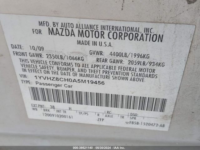 Photo 8 VIN: 1YVHZ8CH0A5M19456 - MAZDA MAZDA6 