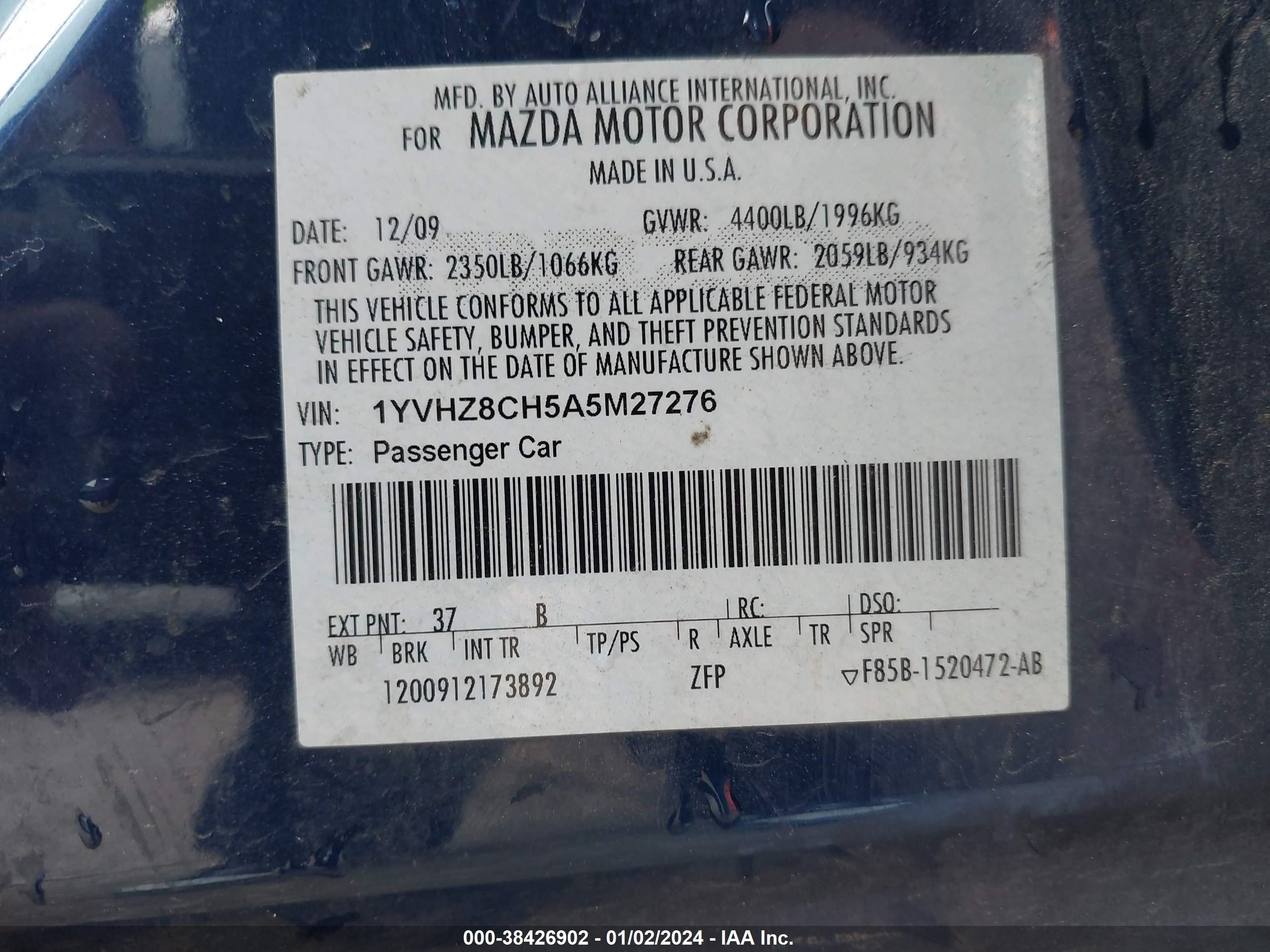 Photo 8 VIN: 1YVHZ8CH5A5M27276 - MAZDA 6 