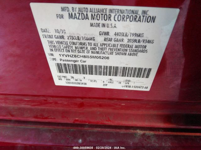 Photo 8 VIN: 1YVHZ8CH8B5M05208 - MAZDA MAZDA6 