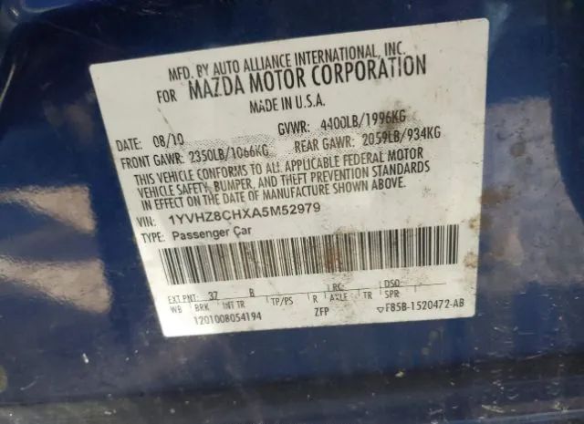 Photo 8 VIN: 1YVHZ8CHXA5M52979 - MAZDA MAZDA6 