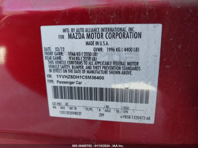 Photo 8 VIN: 1YVHZ8DH1C5M36400 - MAZDA MAZDA6 