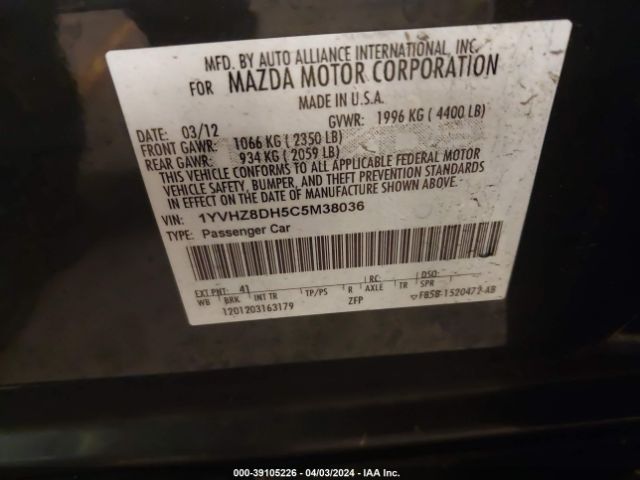 Photo 8 VIN: 1YVHZ8DH5C5M38036 - MAZDA MAZDA6 