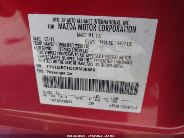 Photo 8 VIN: 1YVHZ8DH5C5M38859 - MAZDA MAZDA6 