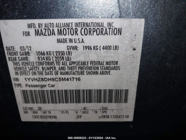 Photo 8 VIN: 1YVHZ8DH9C5M41716 - MAZDA MAZDA6 