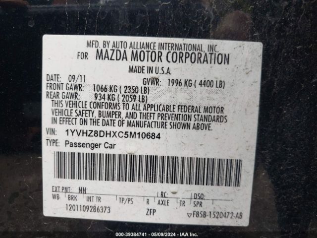 Photo 8 VIN: 1YVHZ8DHXC5M10684 - MAZDA MAZDA6 