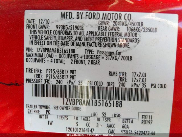 Photo 8 VIN: 1ZVBP8AM1B5165188 - FORD MUSTANG 