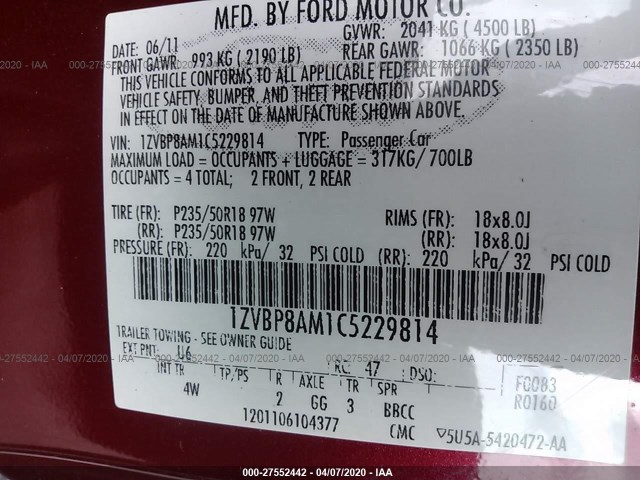 Photo 8 VIN: 1ZVBP8AM1C5229814 - FORD MUSTANG 