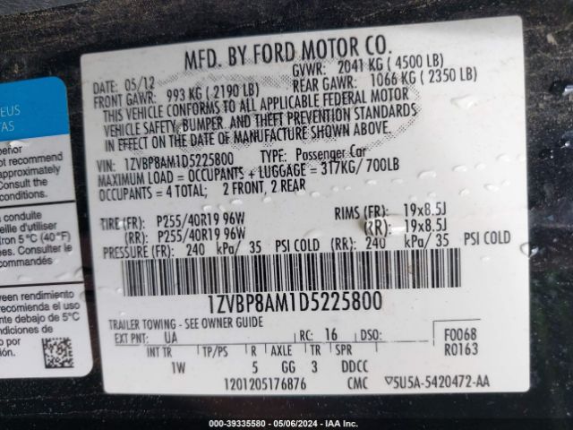 Photo 8 VIN: 1ZVBP8AM1D5225800 - FORD MUSTANG 