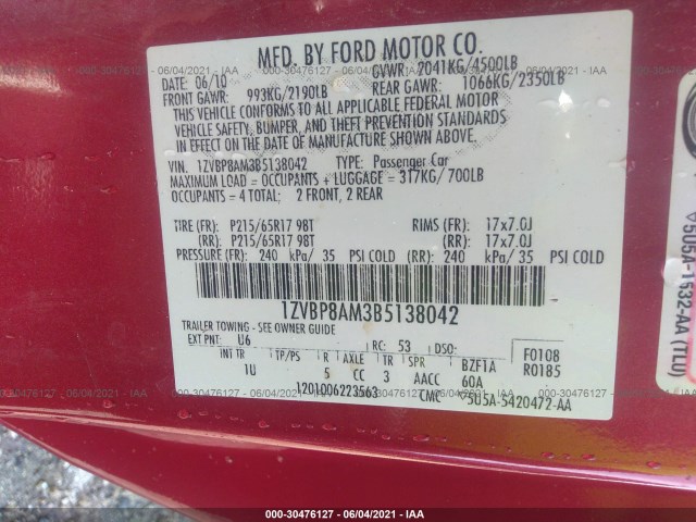 Photo 8 VIN: 1ZVBP8AM3B5138042 - FORD MUSTANG 