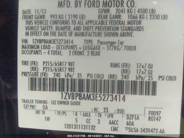 Photo 8 VIN: 1ZVBP8AM3E5273414 - FORD MUSTANG 