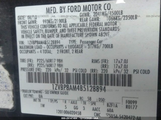 Photo 8 VIN: 1ZVBP8AM4B5128894 - FORD MUSTANG 