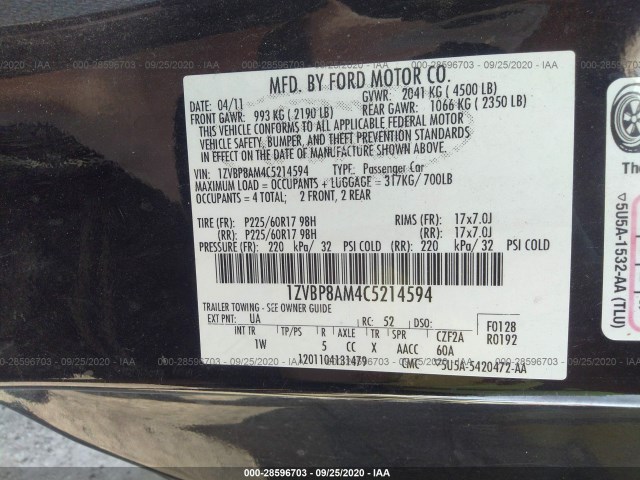 Photo 8 VIN: 1ZVBP8AM4C5214594 - FORD MUSTANG 