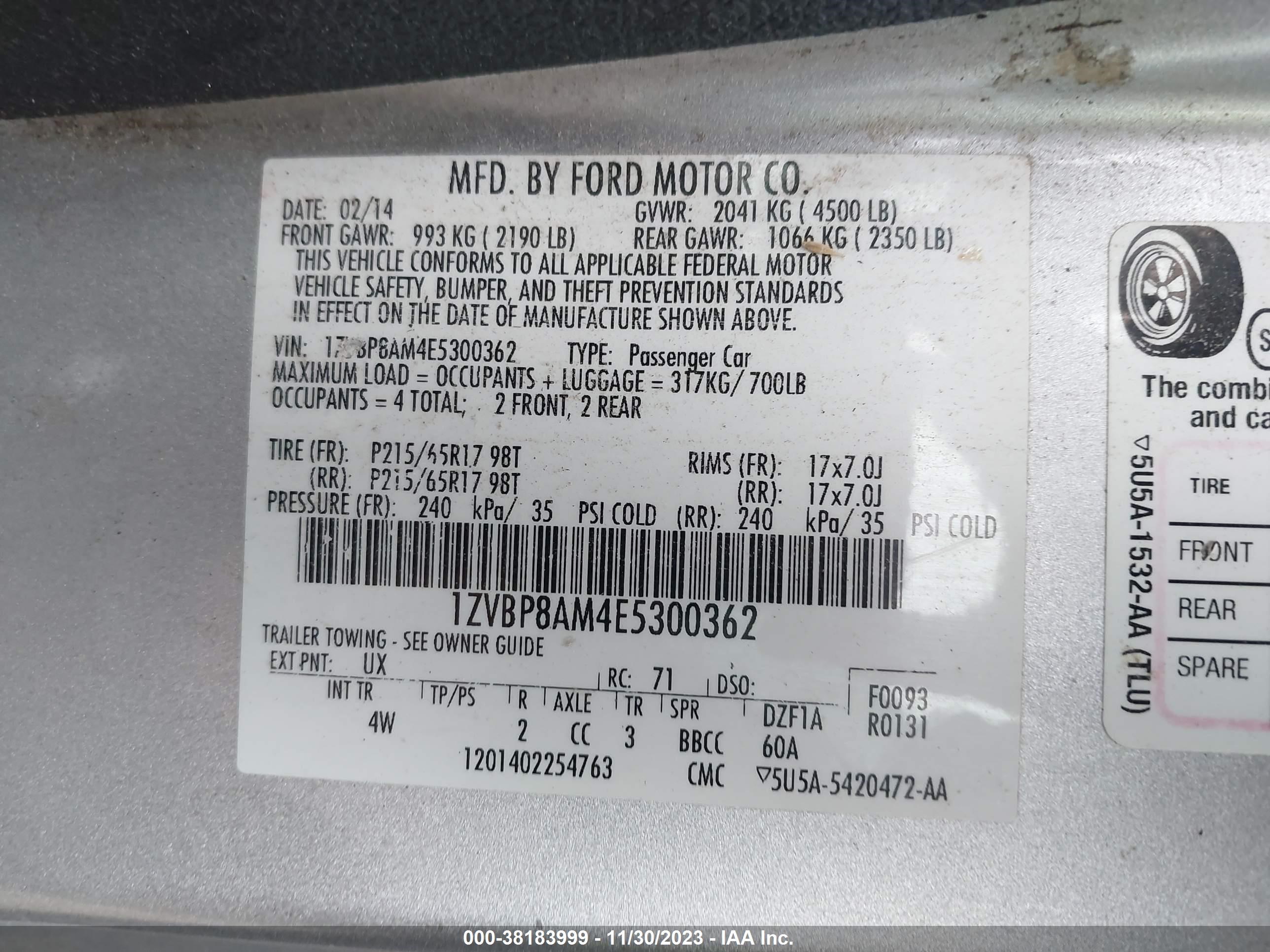 Photo 8 VIN: 1ZVBP8AM4E5300362 - FORD MUSTANG 