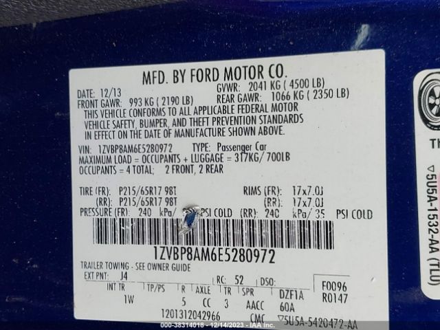 Photo 8 VIN: 1ZVBP8AM6E5280972 - FORD MUSTANG 